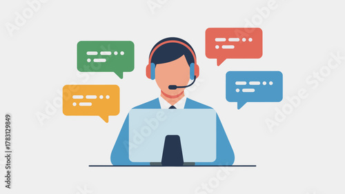 A person with a headset and microphone providing customer support at a computer, surrounded by speech bubbles.