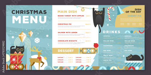 Restaurant Christmas holiday flat menu design with funny cats on blue background. Vector illustration