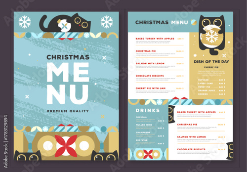 Restaurant Christmas holiday flat menu design with funny cats on blue background. Vector illustration