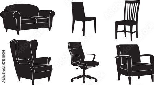 Collection of black vector silhouettes of furniture seating including sofa, chairs, and office chair isolated.