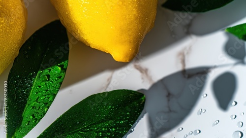 lemon. Vibrant lemon with green leaves on marble surface, fresh citrus close-up with water droplets. menu design, packaging mockups, designed for food delivery and cloud-kitchen brand materials.