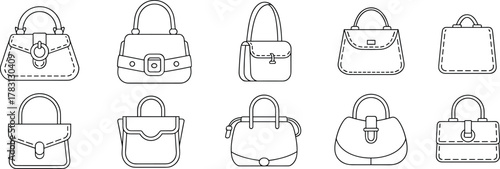 Handbag vector collection, black and white purse icons, fashion accessory clipart, various handbag styles, structured and soft bag designs, fashion illustration