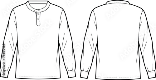 Henley shirt technical sketch front and back view, fashion cad drawing, garment vector template, clothing design outline, apparel illustration, cad drawing flat vector illustration