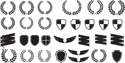 Vector black badge and emblem kit set with laurel wreaths, shields, wings, and banners isolated.