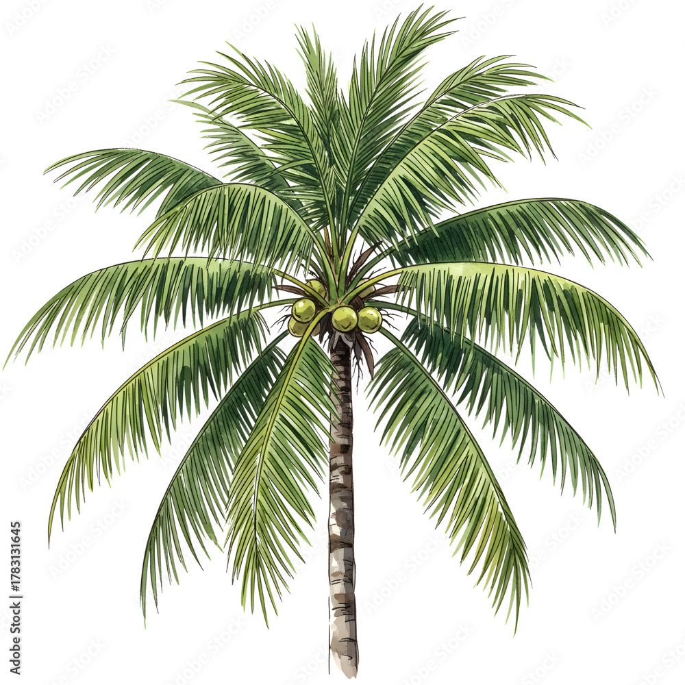 Obraz premium A lush green coconut palm tree with coconuts against a black background