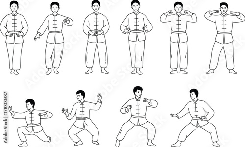 Martial arts poses, Tai Chi sequence, Kung Fu stances, black and white line drawing, traditional attire, movement study, gesture sketch, training