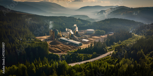 Aerial View of Industrial Plant in Forested Mountain Landscape