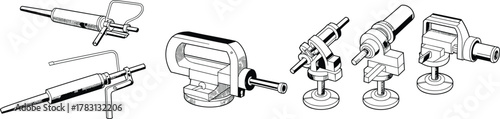 Mechanical tool collection, grease guns, bench vise, precision holders, black and white technical sketches, workshop equipment mockup, cad drawing flat vector illustration