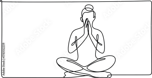 Meditative pose, black and white line drawing, mindfulness sketch, prayer gesture, minimalist art, introspection illustration, continuous line figure
