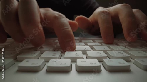 Time lapse close-up man typing on computer keyboard with fingers. Macro soft focus dolly shot. Computer programming, text chat online messaging and online marketing business hyperlapse concept. Glean