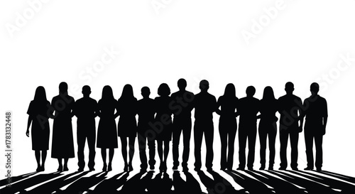 Silhouette people group, unity and diversity concept, long shadows on white background, dramatic contrast, standing figures, collective presence, black silhouettes, social theme