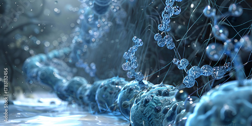 Molecular Structure with Water Droplets and Glowing Connections