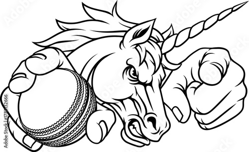 Unicorn horse stallion angry cricket sports team mascot holding a ball.
