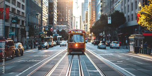 Tram on City Street with Urban Skyline at Sunset