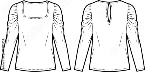 Ruched sleeve top technical sketch front and back view, fashion cad drawing, garment vector template, clothing design outline, apparel illustration, cad drawing flat vector illustration