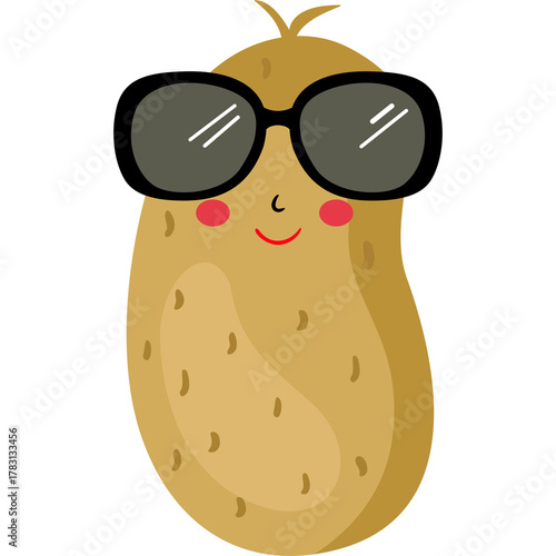 Cute potato character wearing sunglasses and smiling with rosy cheeks on a transparent background representing a funny and cool vegetable mascot
