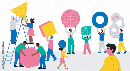 Teamwork and collaboration concept illustration with diverse people building abstract geometric shapes