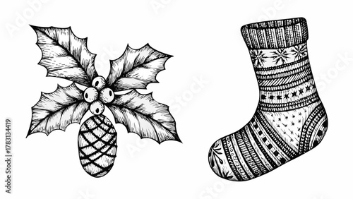 Festive vintage Christmas greeting card design with holly and stocking illustration, perfect for holiday cheer