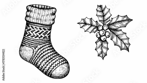 Festive holiday stocking and holly sprig evoke Christmas cheer and seasonal celebrations, hand-drawn style
