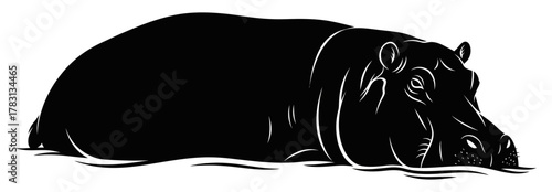 Black and White Vector Illustration of a Hippo Relaxing in Water