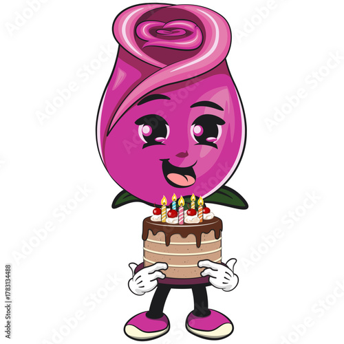 cute pink rose mascot cartoon vector illustration, adorable flower character bring a birthday cake, isolated botanical blossom design for valentine, spring, and kids concept, work of hand drawn