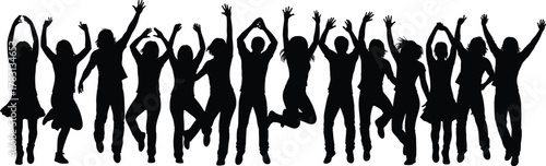 Silhouetted people jumping, joyful celebration, unity in motion, expressive poses, black and white, dynamic energy, group happiness, freedom, teamwork, festive moment, emotional impact