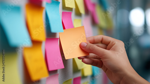 Sticky Note Post It Board Office. Business people meeting at office and use post it notes to share idea. Brainstorming concept. Sticky note on glass wall or blackboard. Set of colorful blank notes.