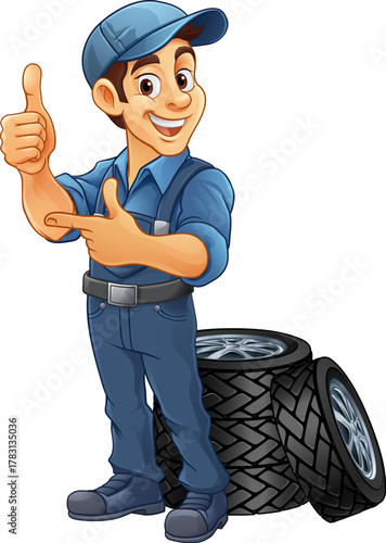 A tyre or tire cartoon car maintenance service mechanic mascot cartoon character man