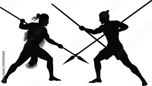 Spear fight silhouettes with two warriors in combat stance, traditional martial arts vector art, cultural battle design, cad flat vector illustration