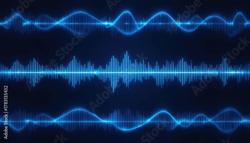 Futuristic digital audio visualization with glowing blue sound waves representing frequency and voice recognition on a dark background