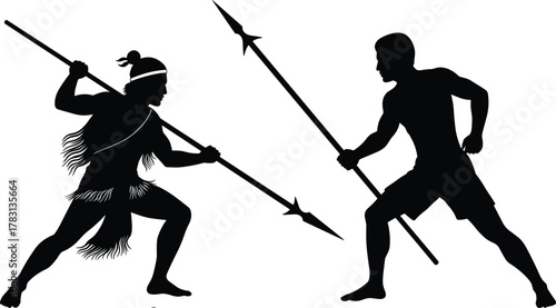Spear fight silhouettes with two warriors in combat stance, traditional tribal martial arts vector art, cultural battle design, cad flat vector illustration