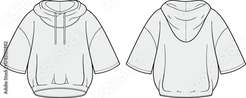 Short sleeve hoodie design, kangaroo pocket, drawstring hood, relaxed fit, fashion flat sketch, garment template, cad drawing flat vector illustration