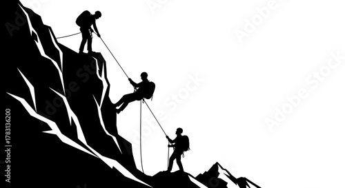 Dynamic silhouette of skilled alpinists descending a steep rock face with ropes, capturing the thrill of adventure and the beauty of the mountains