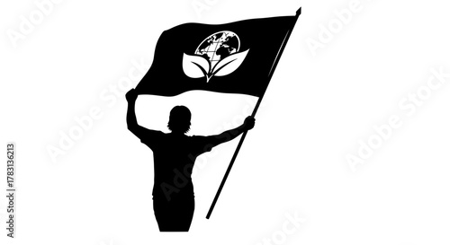 Powerful silhouette holding eco-friendly global awareness flag, symbolizing environmental activism and sustainable future with ecological responsibility