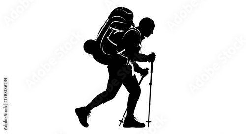 Brave hiker trekking uphill with heavy backpack and poles, perfect for adventure travel, outdoor gear, and determination concepts in challenging environments