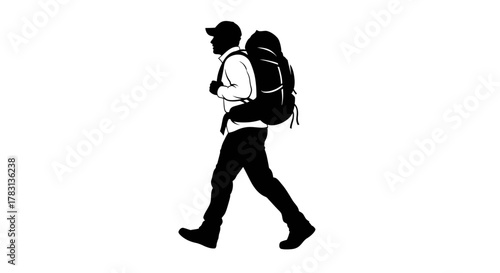 Energetic hiker trekking with backpack, ready for adventure in the great outdoors with inspiring freedom and fitness, a dynamic silhouette for exploration