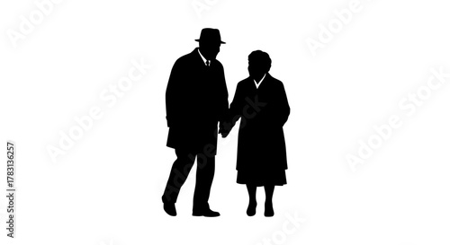 Sweet silhouette of elderly couple holding hands, a symbol of enduring love and companionship for a lifetime of memories and shared experiences.