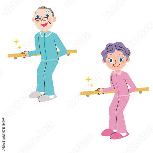 介護施設にある室内の手すりを使って歩行練習をしている