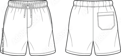 Shorts front and back technical sketch, elastic waistband, drawstring, patch pocket, fashion flat, garment design, vector template, apparel illustration, cad drawing flat vector illustration