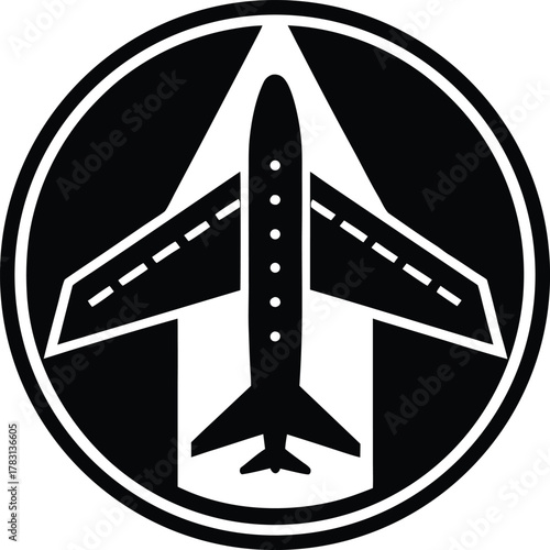 Commercial airplane flying up against an arrow inside a circle outline