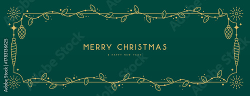 Modern Christmas frame or holiday greeting card on emerald green background. Line art vector illustration