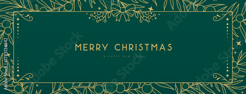 Modern Christmas frame or holiday greeting card on emerald green background. Line art vector illustration