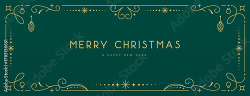 Modern Christmas frame or holiday greeting card on emerald green background. Line art vector illustration