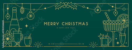Modern Christmas frame or holiday greeting card on emerald green background. Line art vector illustration