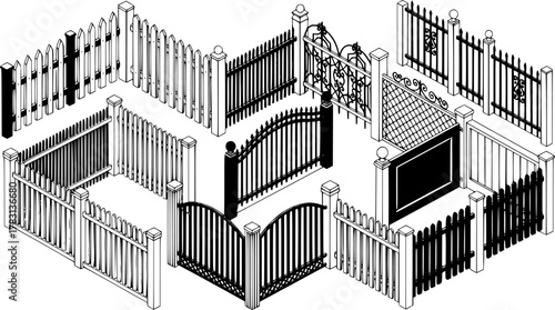 isometric view, various fence designs in black and white, showing different patterns and styles

