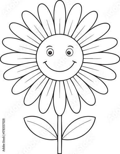Smiling daisy flower outline illustration for kids coloring and cheerful art design activity