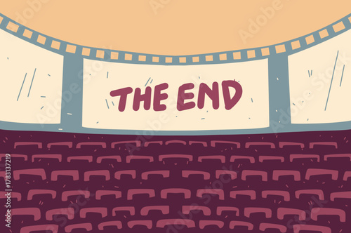 A nostalgic illustration of a movie theater screen displaying “THE END,” framed by a stylized film reel and cozy maroon seats. This image evokes closure, reflection