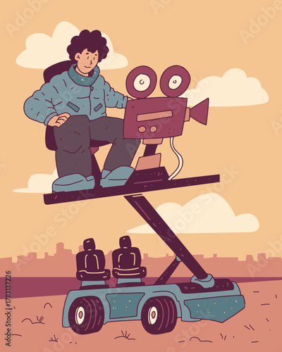 An imaginative depiction of a camera operator elevated on a mechanical lift. The cityscape backdrop adds depth to this tribute to technical artistry in filmmaking