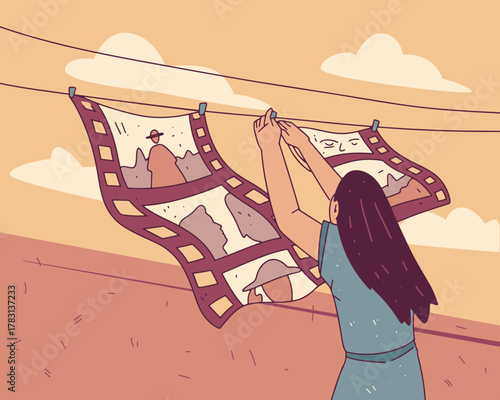 A poetic illustration of a person hanging film strips like laundry, blending photography with daily life.