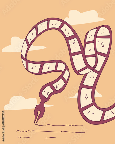 A surreal illustration of a snake with a fountain pen nib for a head, soaring through the sky and drawing lines on the earth.